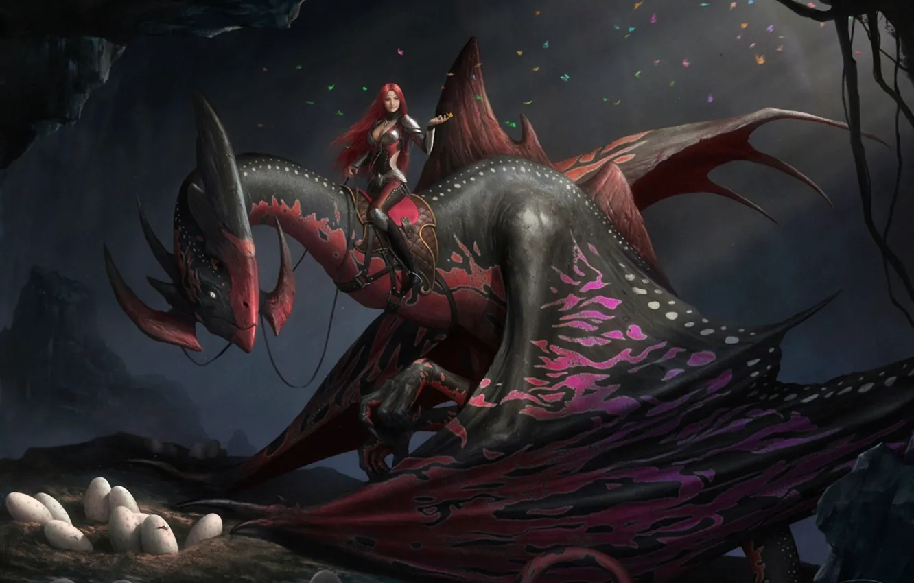 Фото обои девушка, дракон, яйца, арт, пещера, рыжая