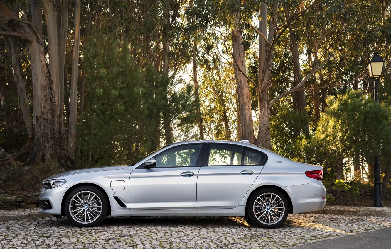 Фото обои серый, BMW, фонарь, стоянка, седан, гибрид, 5er, четырёхдверный