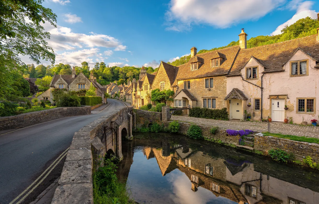 Фото обои мост, река, Англия, дома, Wiltshire, Castle Combe