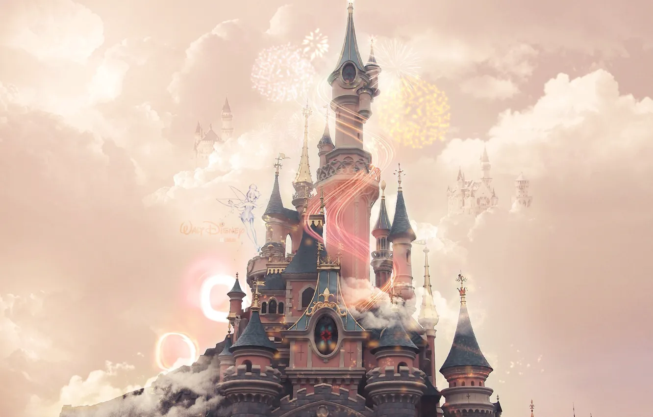 Фото обои Disney, pink, clouds, castle, Disneyland