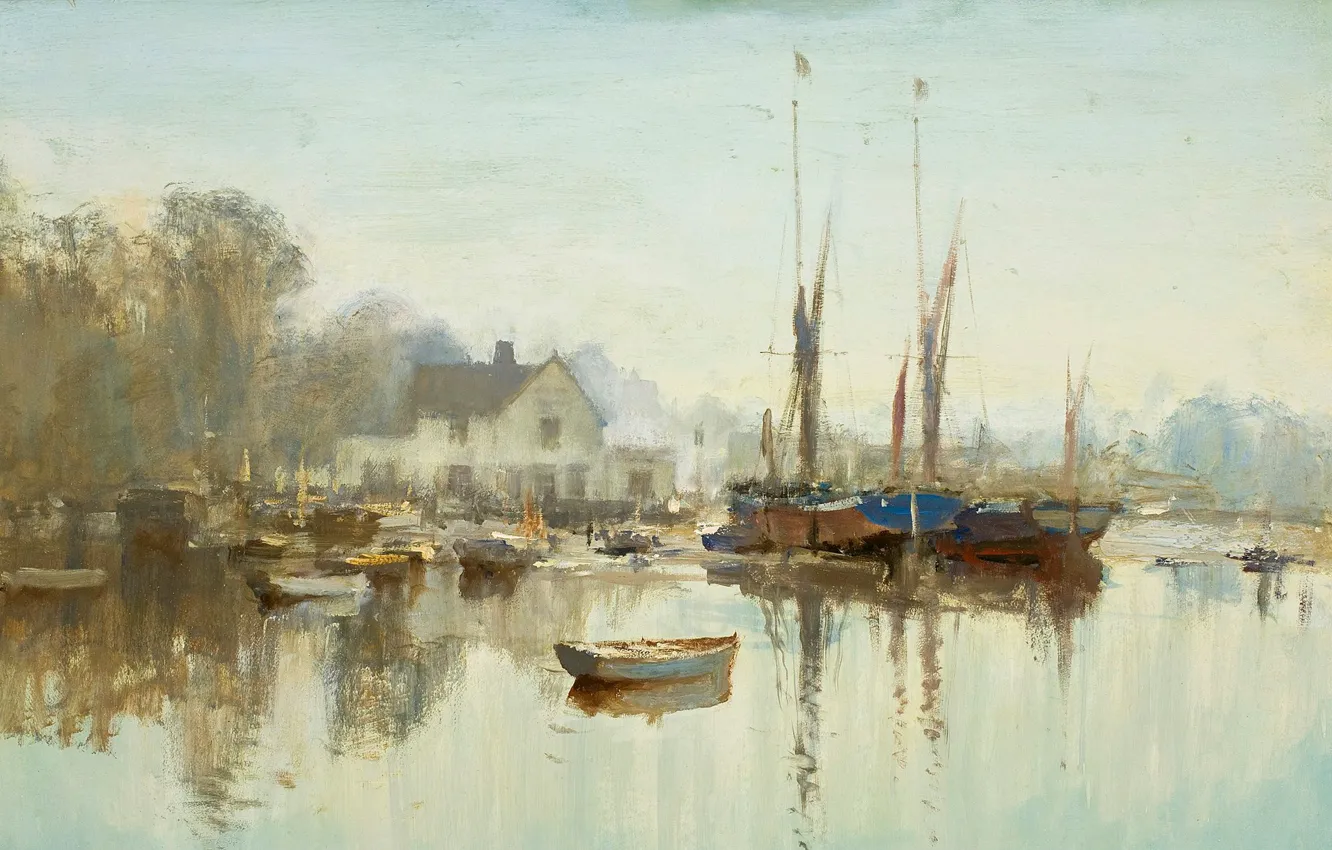 Фото обои пейзаж, дом, картина, лодки, Эдуард Сиго, Утро в Ноябре. Пин Милл