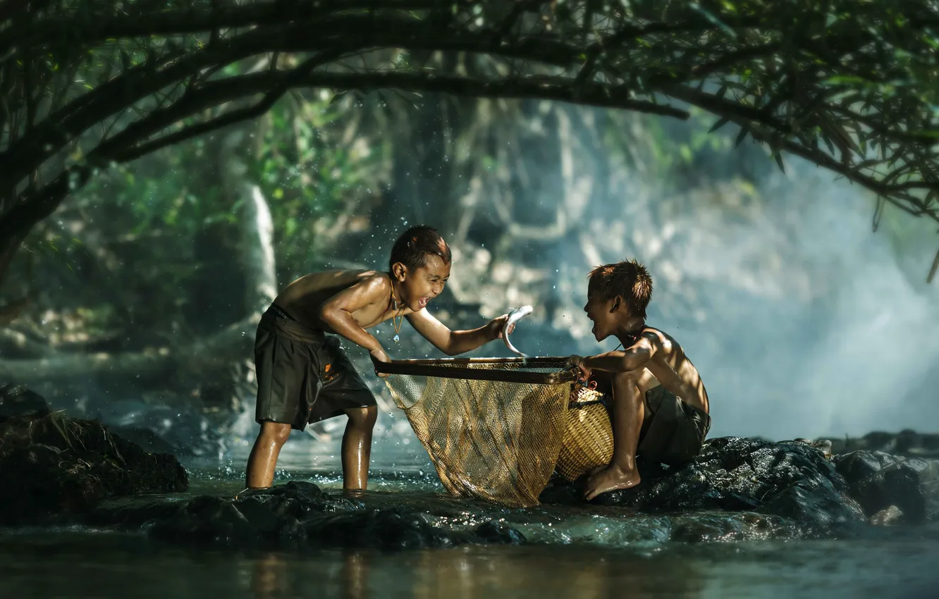 Фото обои man, child, asian, villager