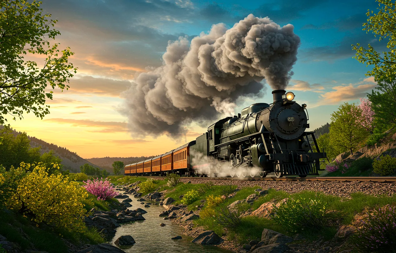 Фото обои небо, закат, обои, дым, паровоз, арт, wallpaper, sky