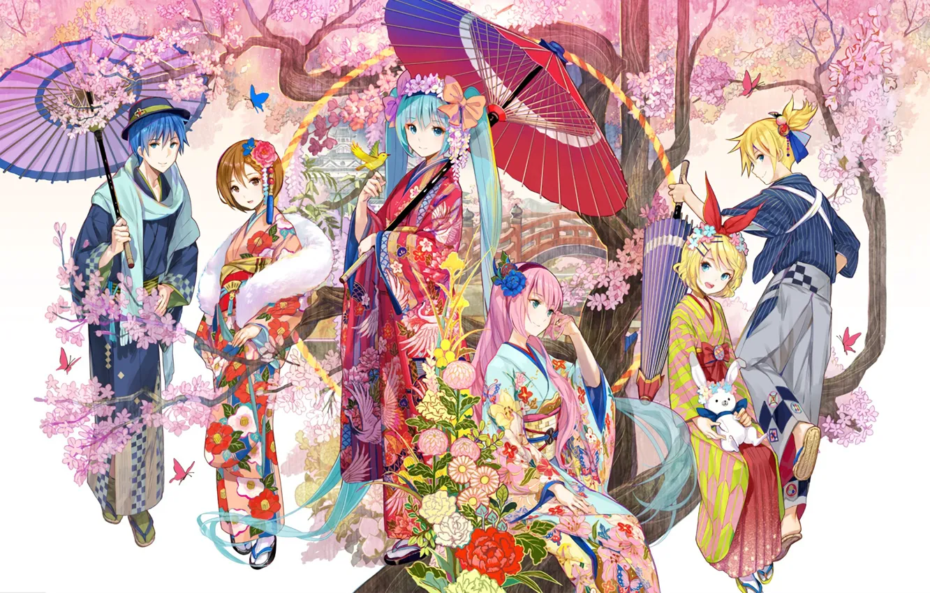 Фото обои девушка, цветы, дерево, птица, бабочка, зонт, кролик, парень
