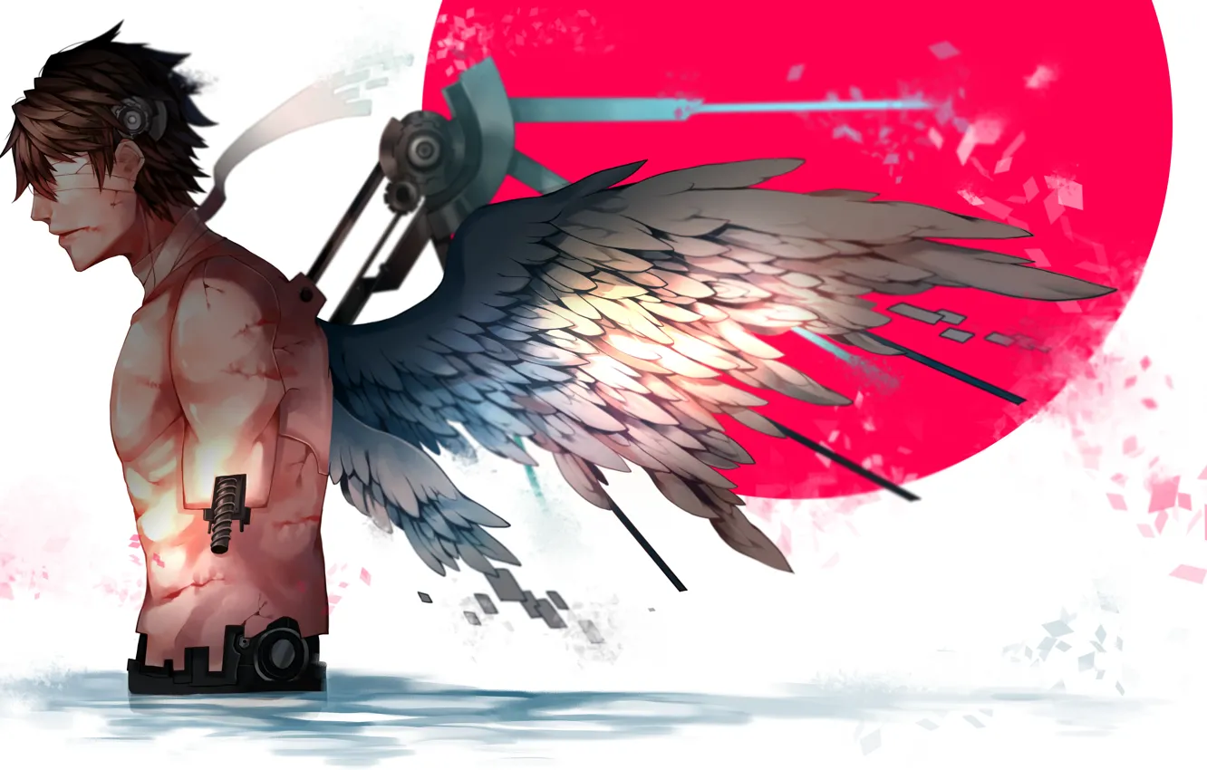 Фото обои робот, крылья, ангел, арт, парень, киборг