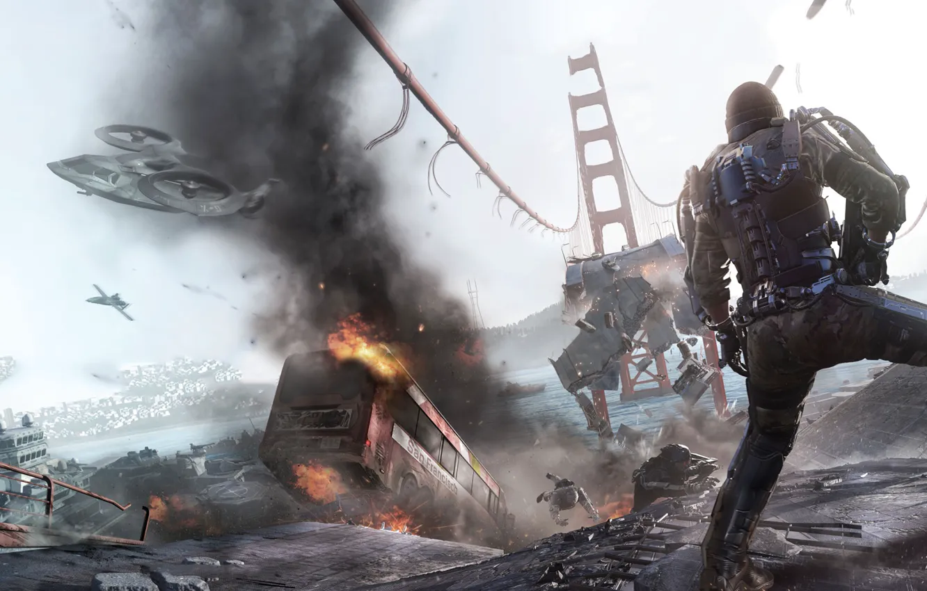 Фото обои мост, война, арт, солдаты, Call of Duty Advanced Warfare