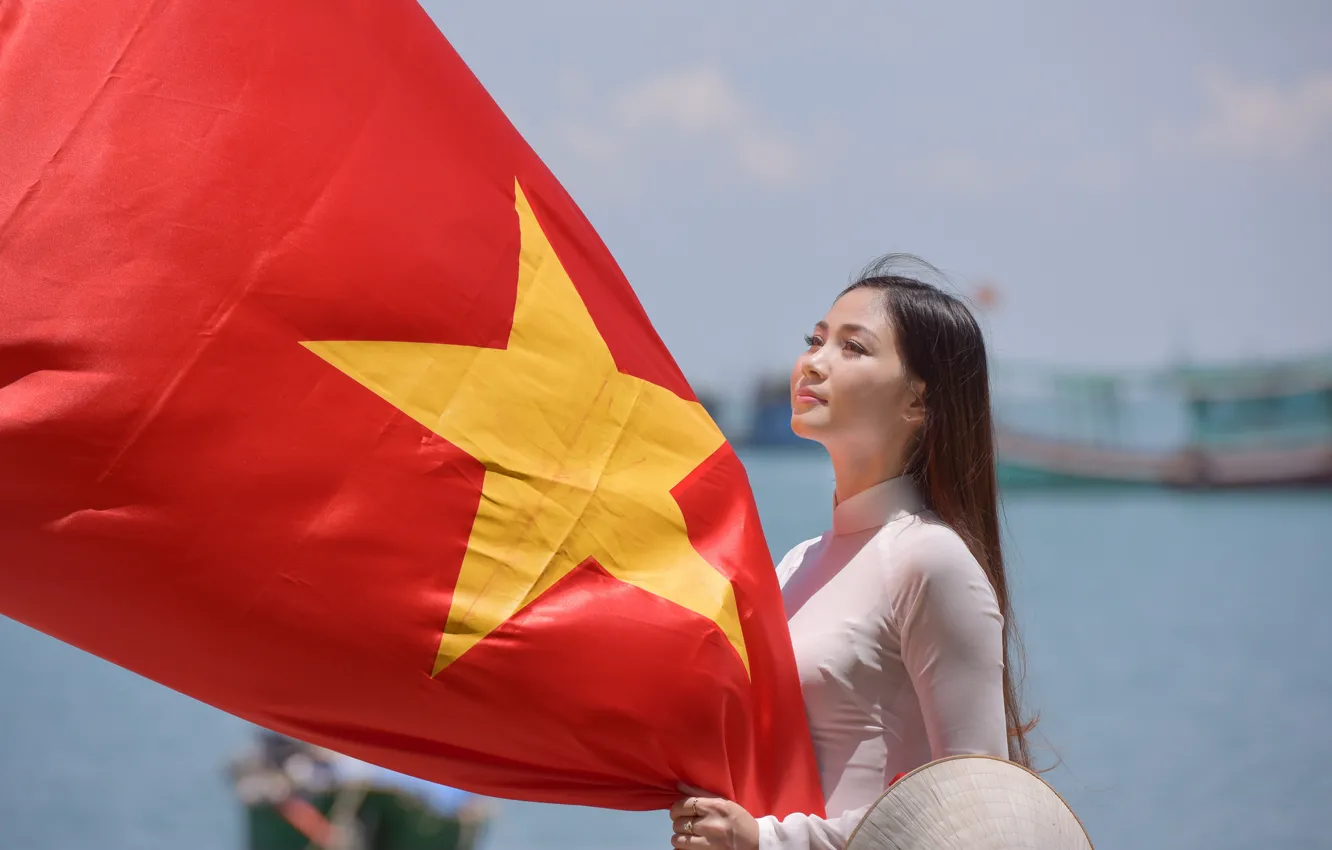 Фото обои девушка, лицо, звезда, платье, флаг, Вьетнам