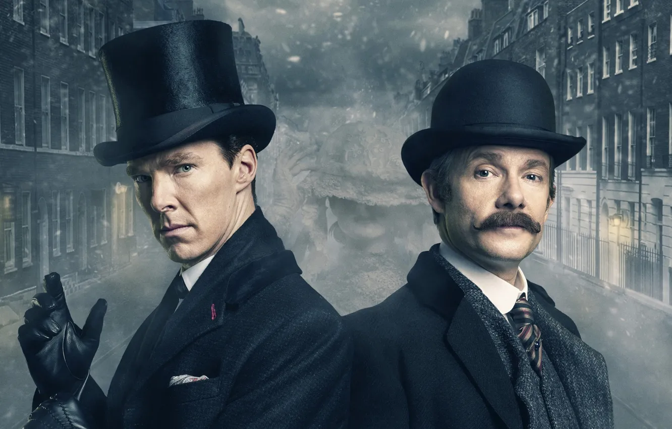 Фото обои туман, Лондон, здания, Шерлок Холмс, Мартин Фриман, Бенедикт Камбербэтч, Sherlock, Sherlock BBC
