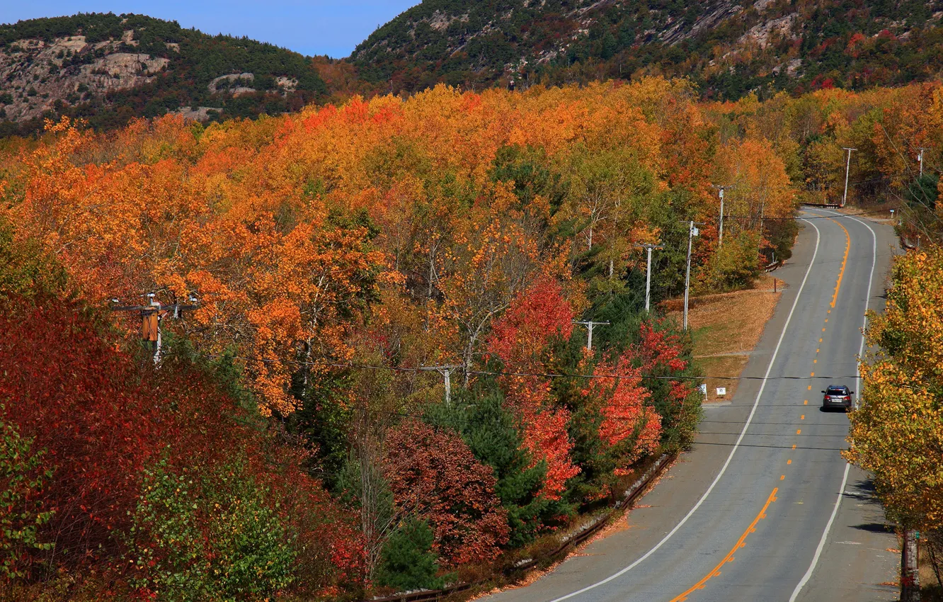 Фото обои дорога, авто, осень, лес, солнце, деревья, горы, шоссе