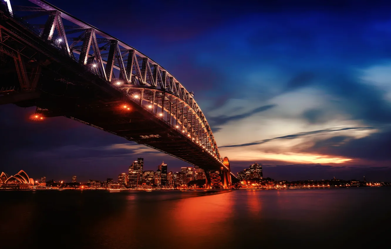 Фото обои city, lights, twilight, photography, bridge, sunset, water, city lights