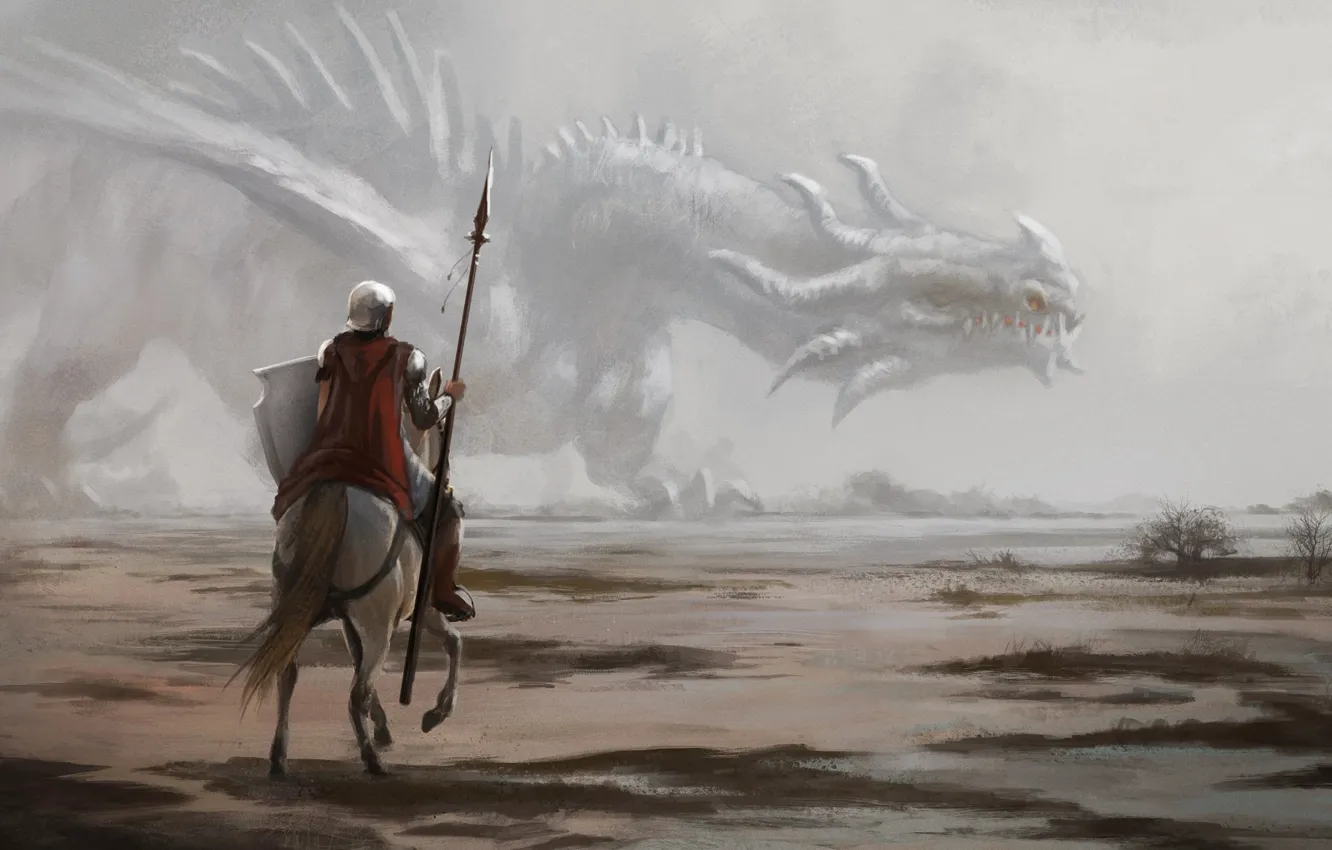Фото обои дракон, лошадь, воин, копьё