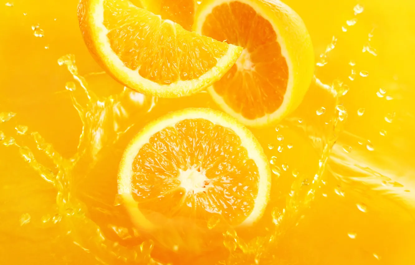Фото обои брызги, апельсин, сок, дольки