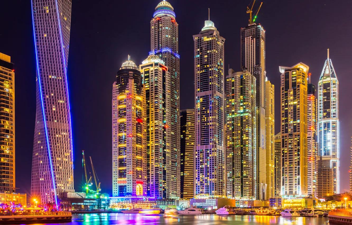 Фото обои city, lights, colorful, Dubai, night, skyscrapers, building, splendor