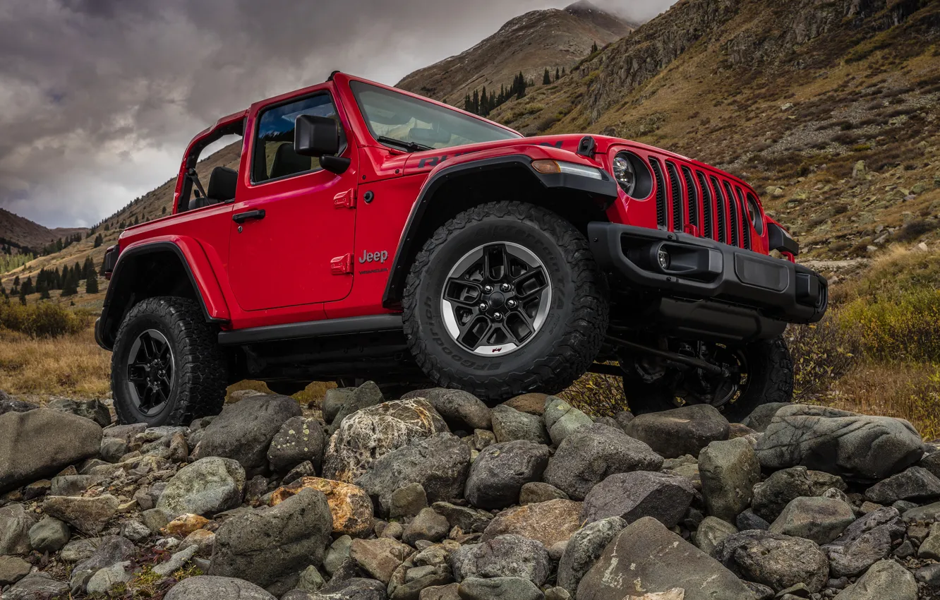 Фото обои горы, красный, камни, 2018, Jeep, Wrangler Rubicon