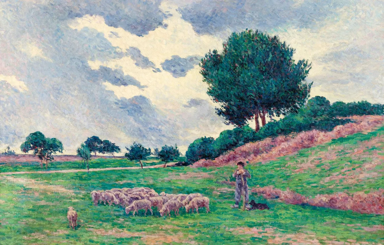 Фото обои животные, пейзаж, картина, Максимильен Люс, Maximilien Luce, Меревиль. Стадо Овец, 1902-03