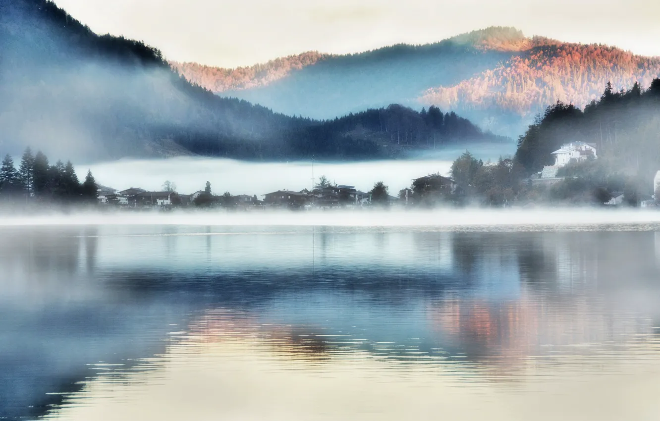 Фото обои горы, туман, озеро