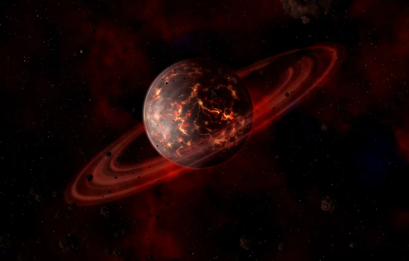 Фото обои космос, трещины, планета, кольца, лава, метеориты, красная