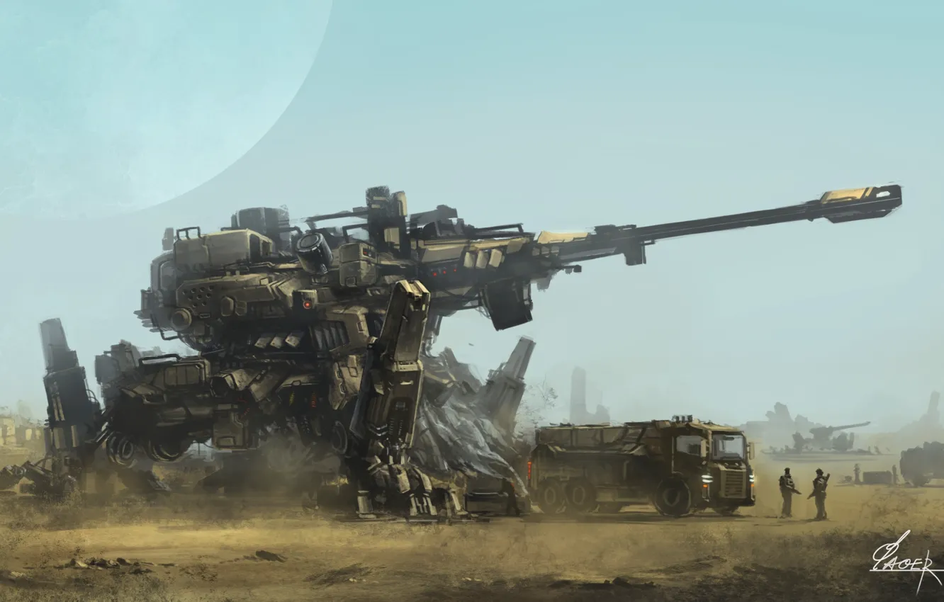 Фото обои машины, оружие, планета, робот, арт, дуло, солдаты