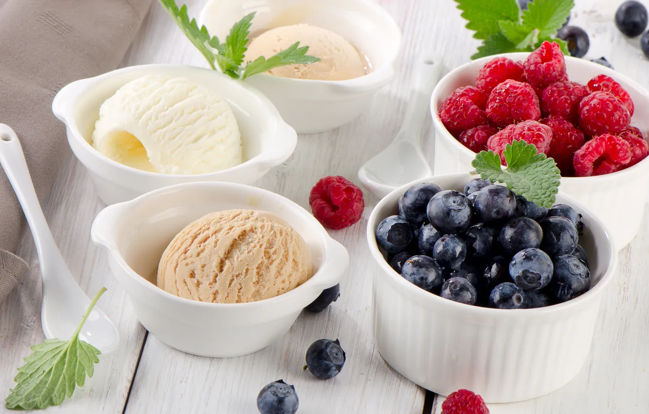 Фото обои ягоды, малина, черника, мороженое, мята, десерт, сладкое, голубика