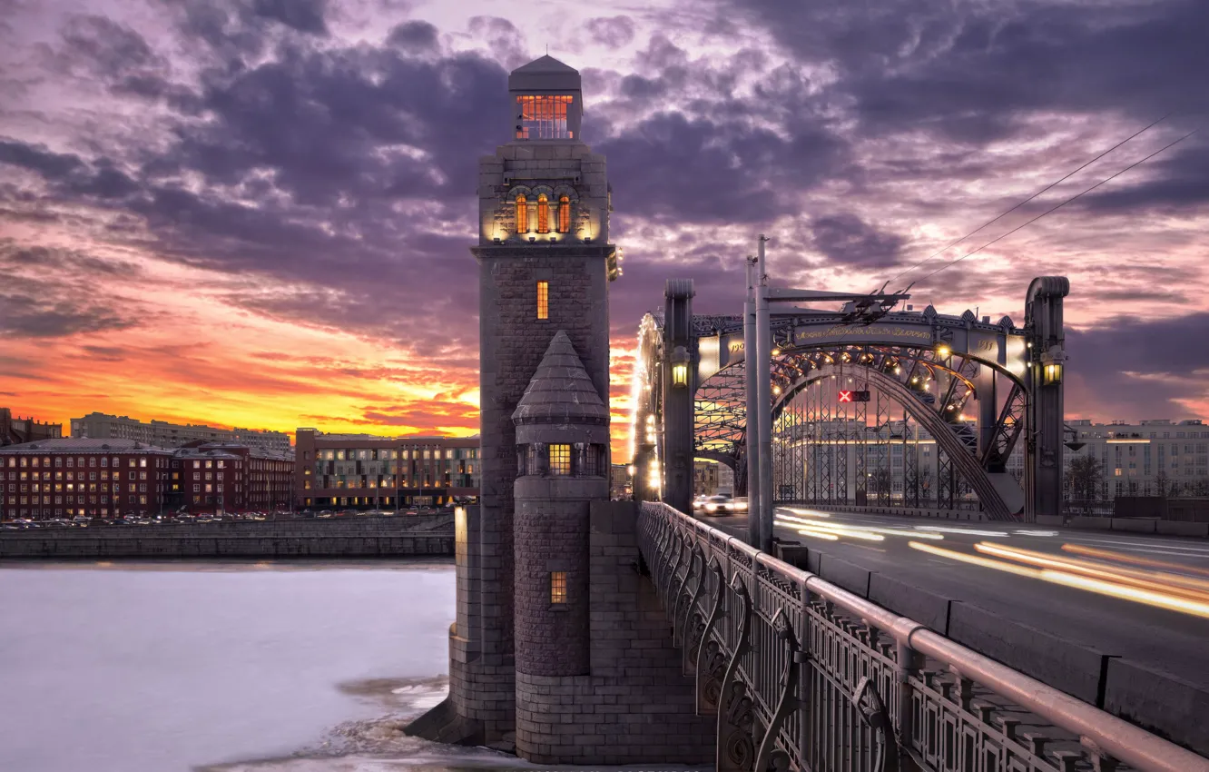 Фото обои закат, мост, река, башня, Санкт-Петербург, Россия, Река Нева, Большеохтинский мост