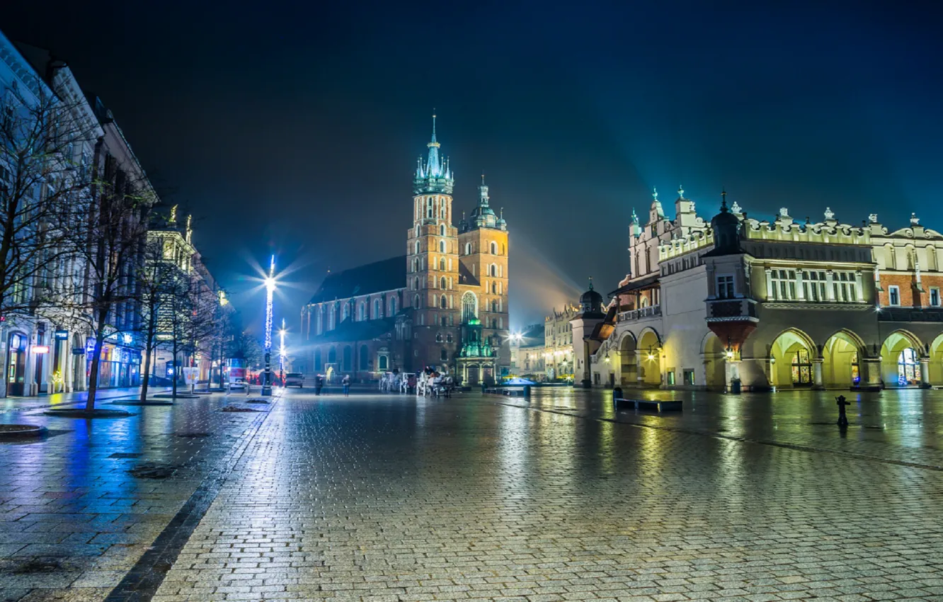 Фото обои ночь, город, огни, площадь, Польша, собор, Краков