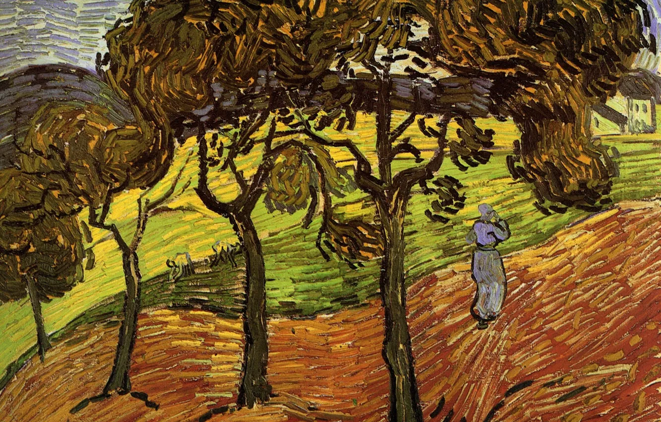 Фото обои служанка, Винсент ван Гог, Landscape with, четыре дерева, Trees and Figures