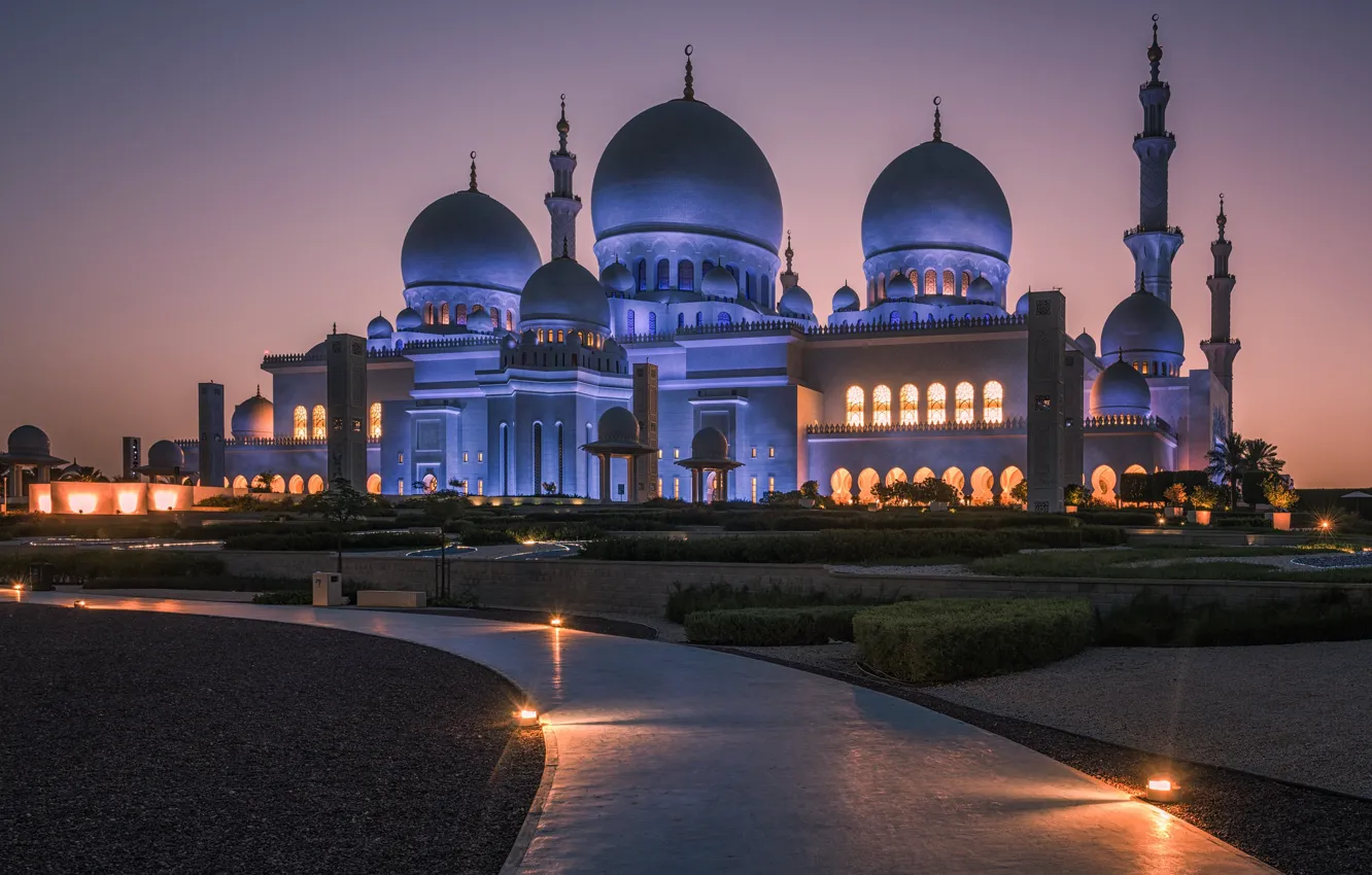 Фото обои ночь, мечеть, ОАЭ, минареты