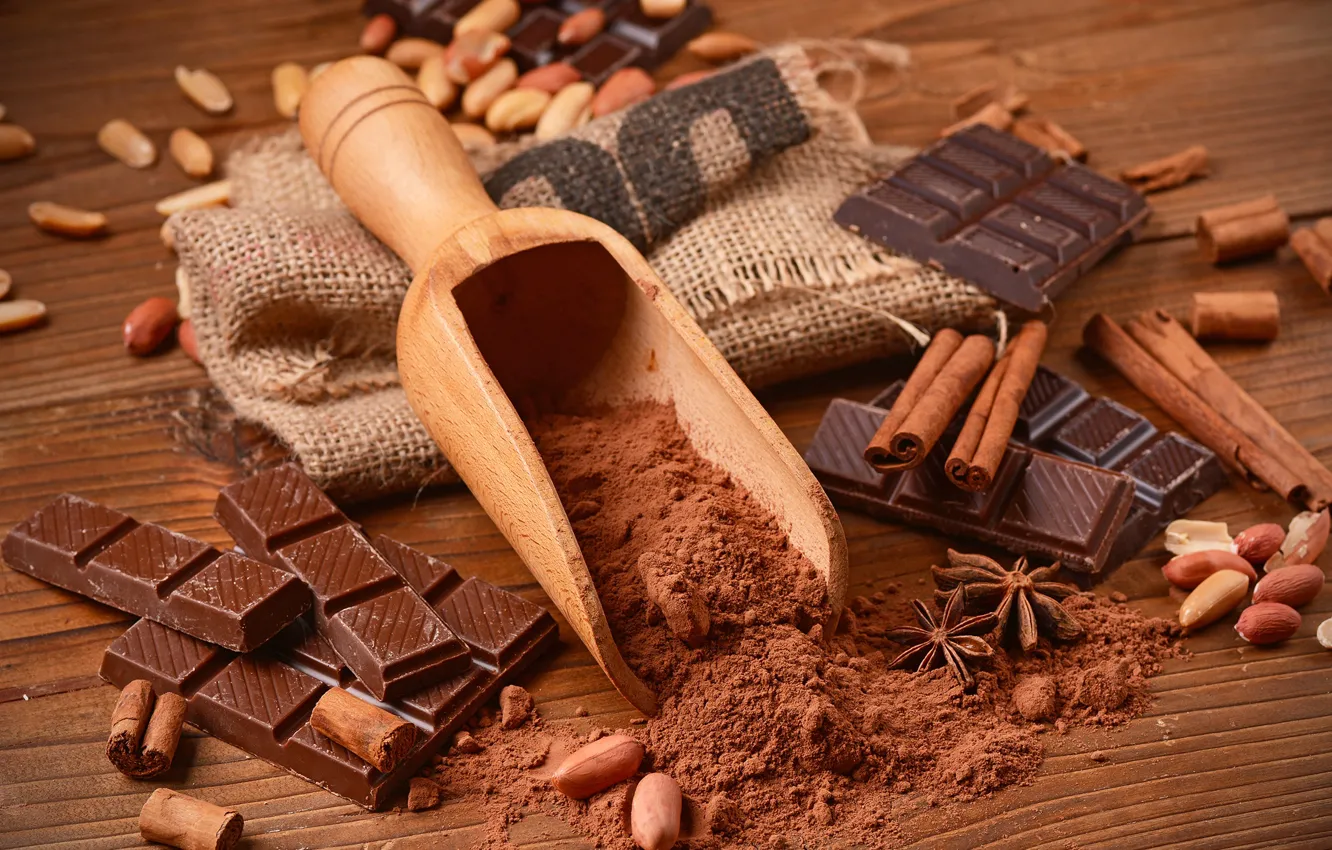 Фото обои шоколад, орехи, корица, сладкое, какао