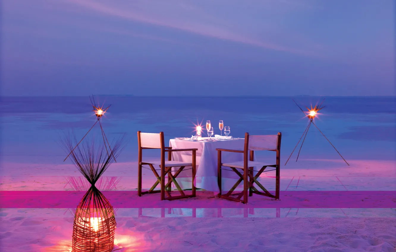 Фото обои океан, романтика, вечер, свечи, Мальдивы, ужин