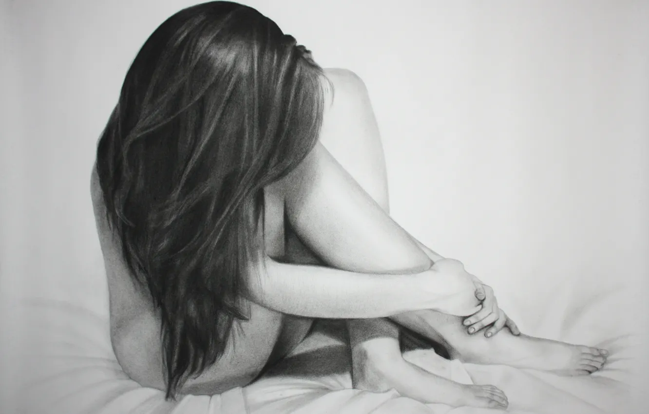 Фото обои поза, ноги, тело, кровать, карандаш, живопись, длинные волосы