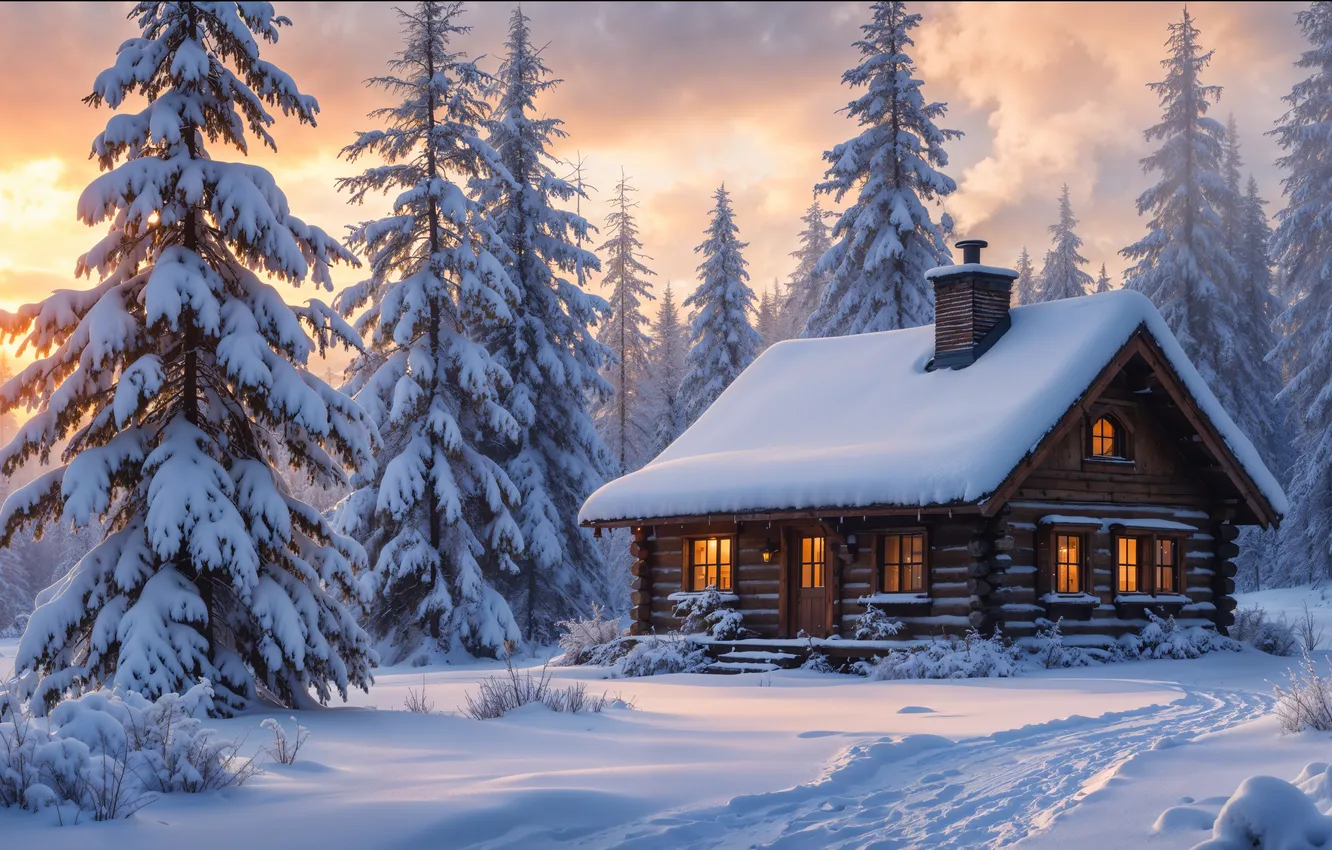 Фото обои зима, лес, снег, елки, домик, house, хижина, forest