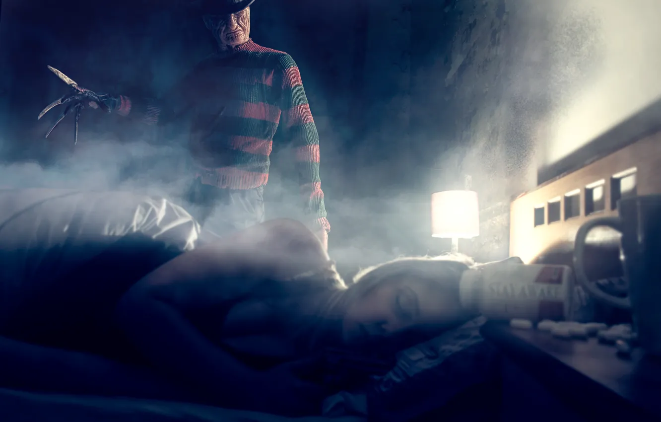 Фото обои девушка, комната, сон, Фредди Крюгер, Freddy Krueger