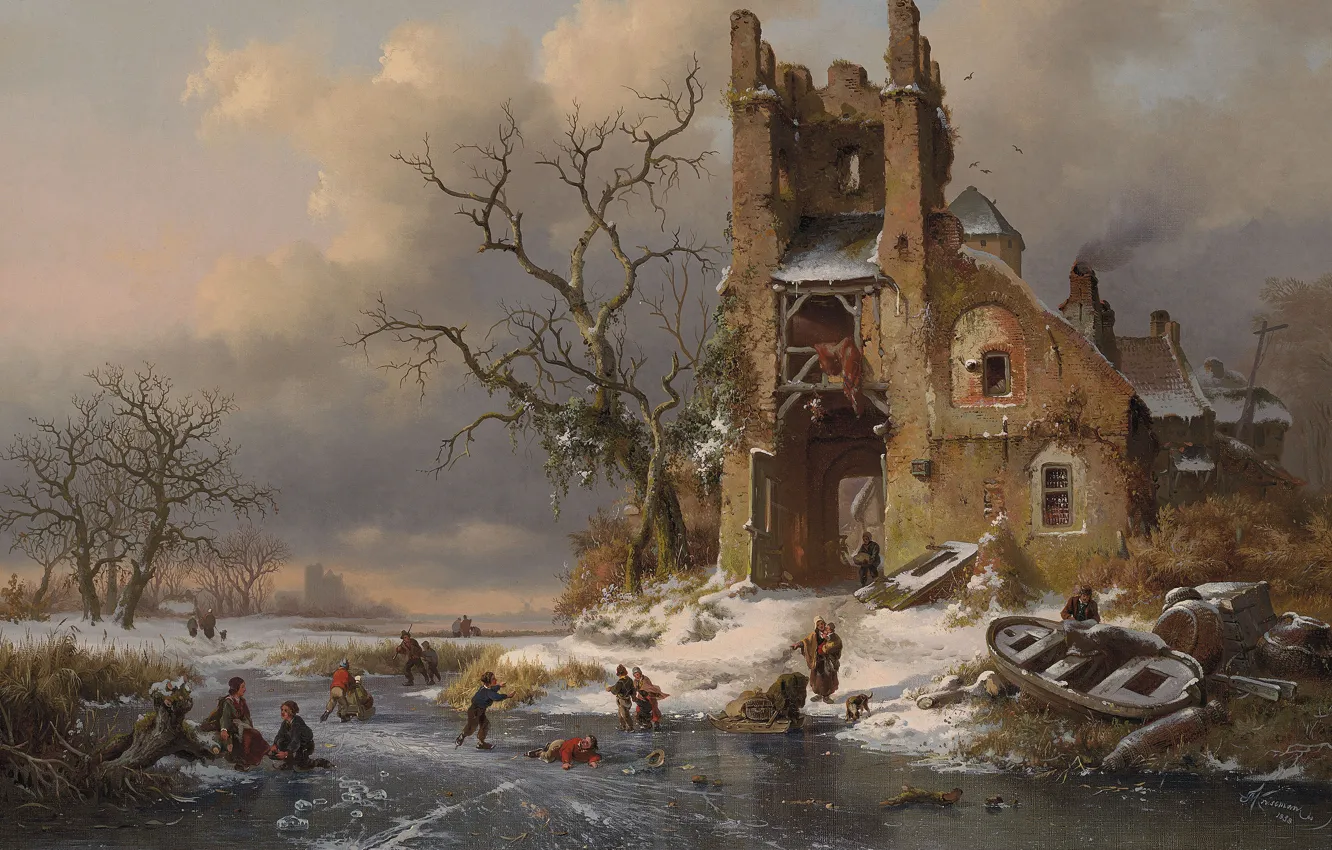Фото обои 1858, Dutch painter, голландский художник, oil on canvas, Fredrik Marinus Kruseman, A winter scene with …