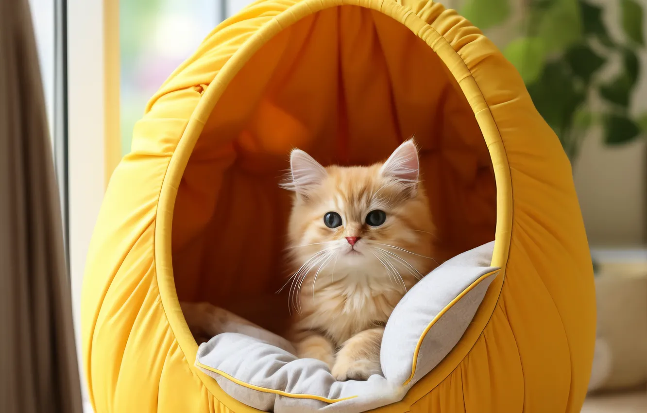 Фото обои кошка, взгляд, желтый, поза, котенок, комната, рыжий, подушка