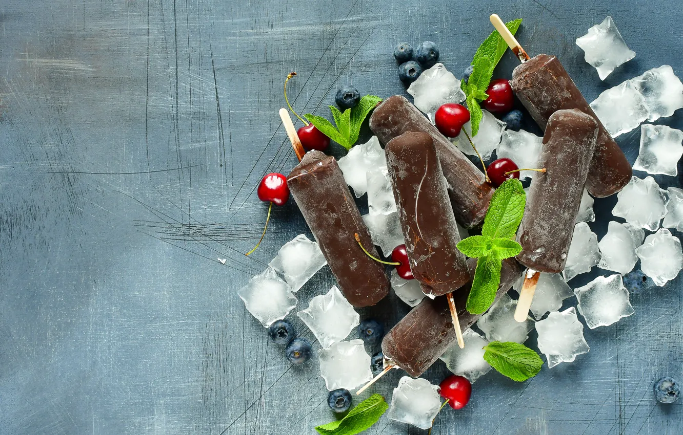 Фото обои лед, вишня, черника, мороженое, мята, десерт, шоколадное