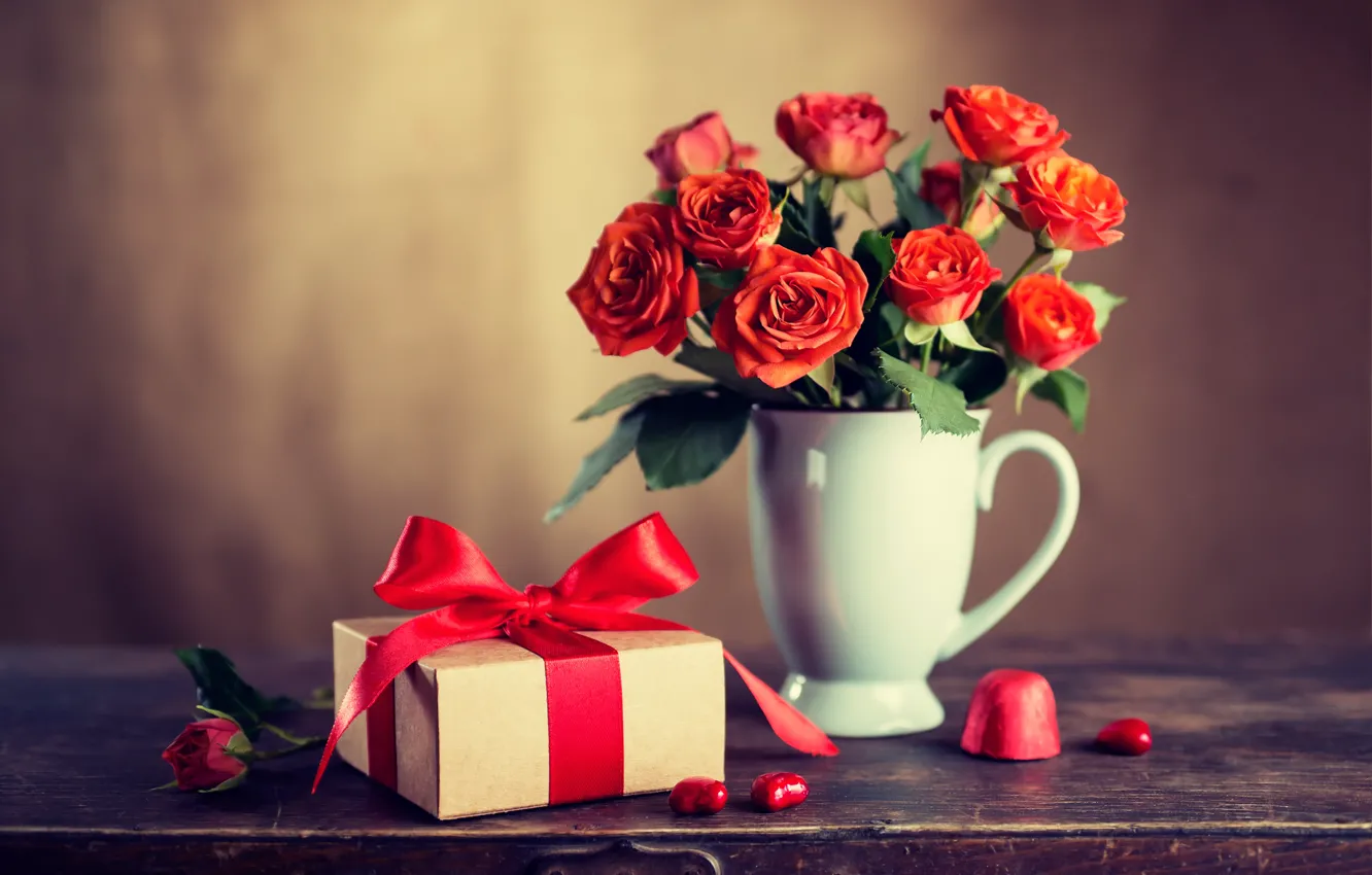 Фото обои любовь, цветы, подарок, розы, букет, красные, red, love