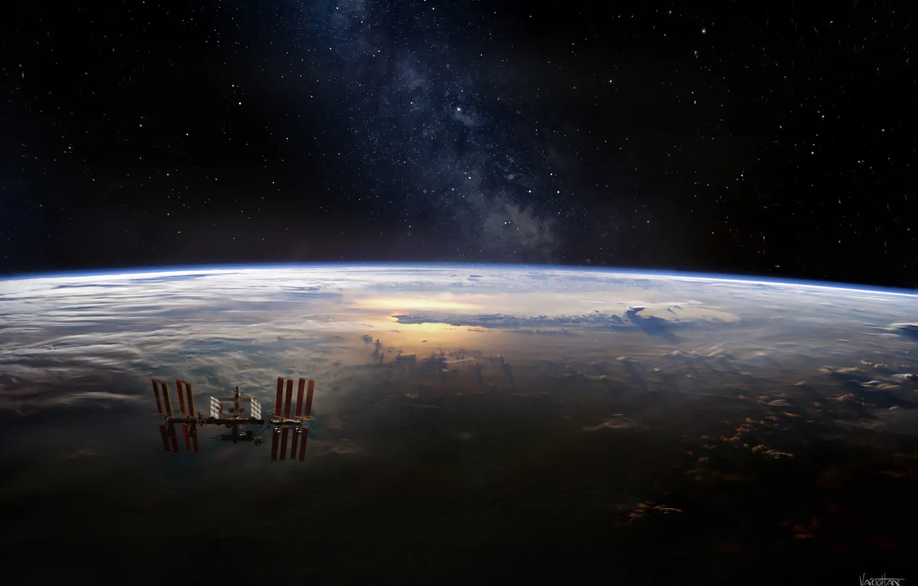 Фото обои космос, земля, млечный путь, космическая станция, Международная