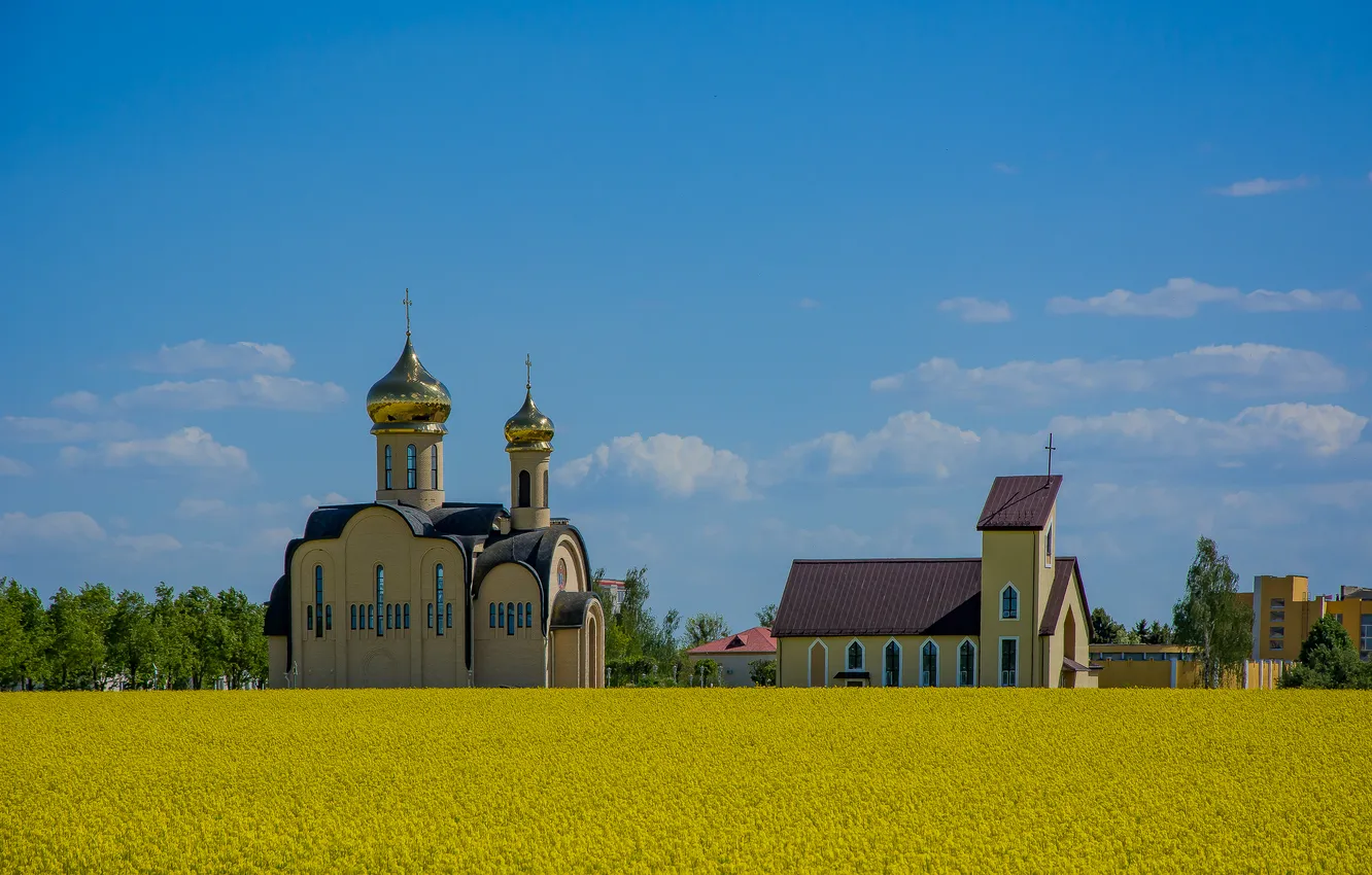 Фото обои поле, пейзаж, весна, храм, архитектура