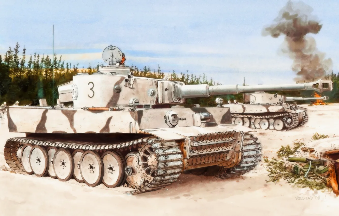 Фото обои зима, тигр, рисунок, вторая мировая, немцы, вермахт, тяжелый танк, Ron Volstad