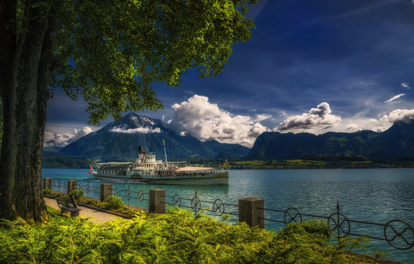 Фото обои облака, пейзаж, горы, природа, озеро, Швейцария, пароход, Тунское озеро