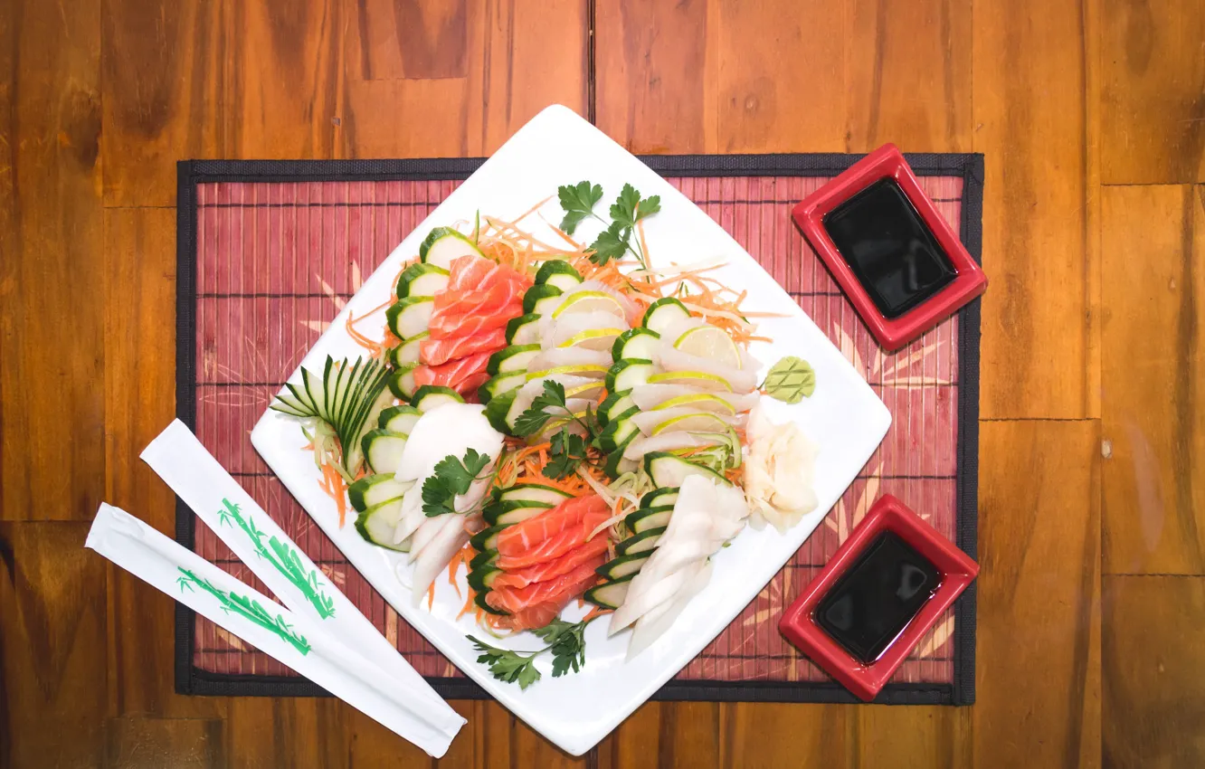Фото обои food, sushi, sake, chopstikcs