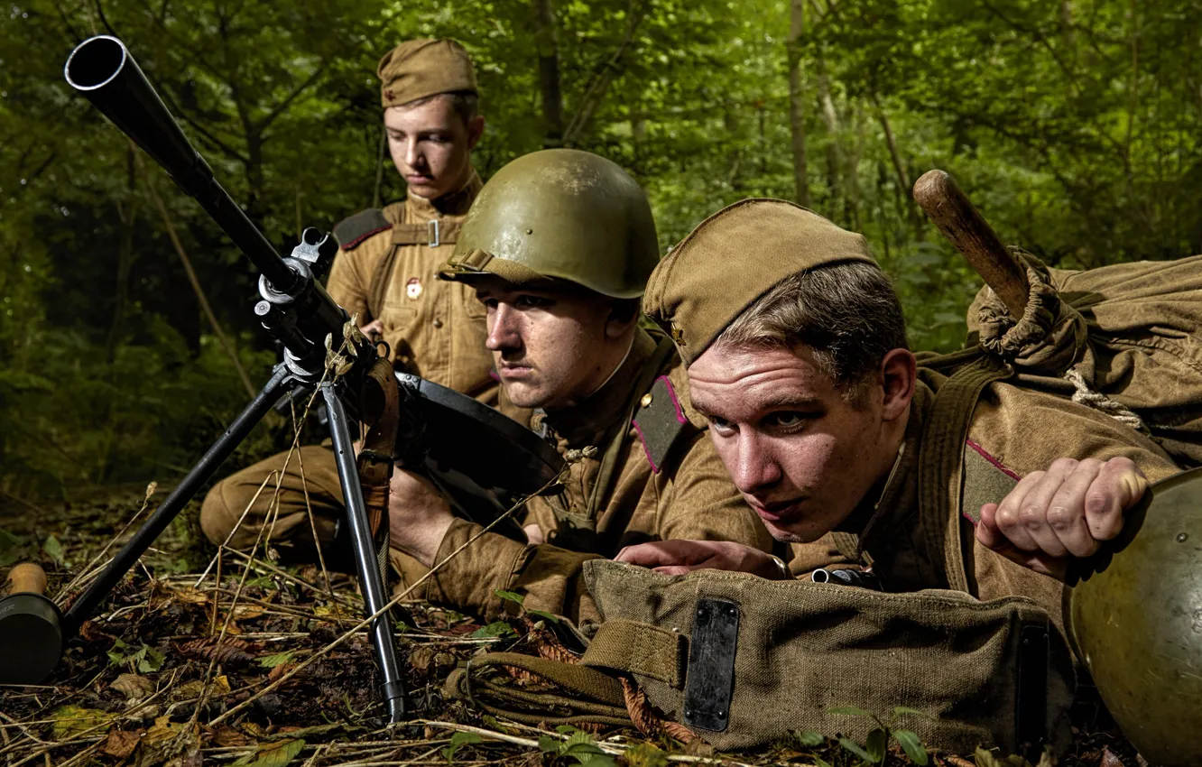 Фото обои солдаты, Вторая мировая, русские, ВОВ, пулемёт, снаряжение, амуниция, советские