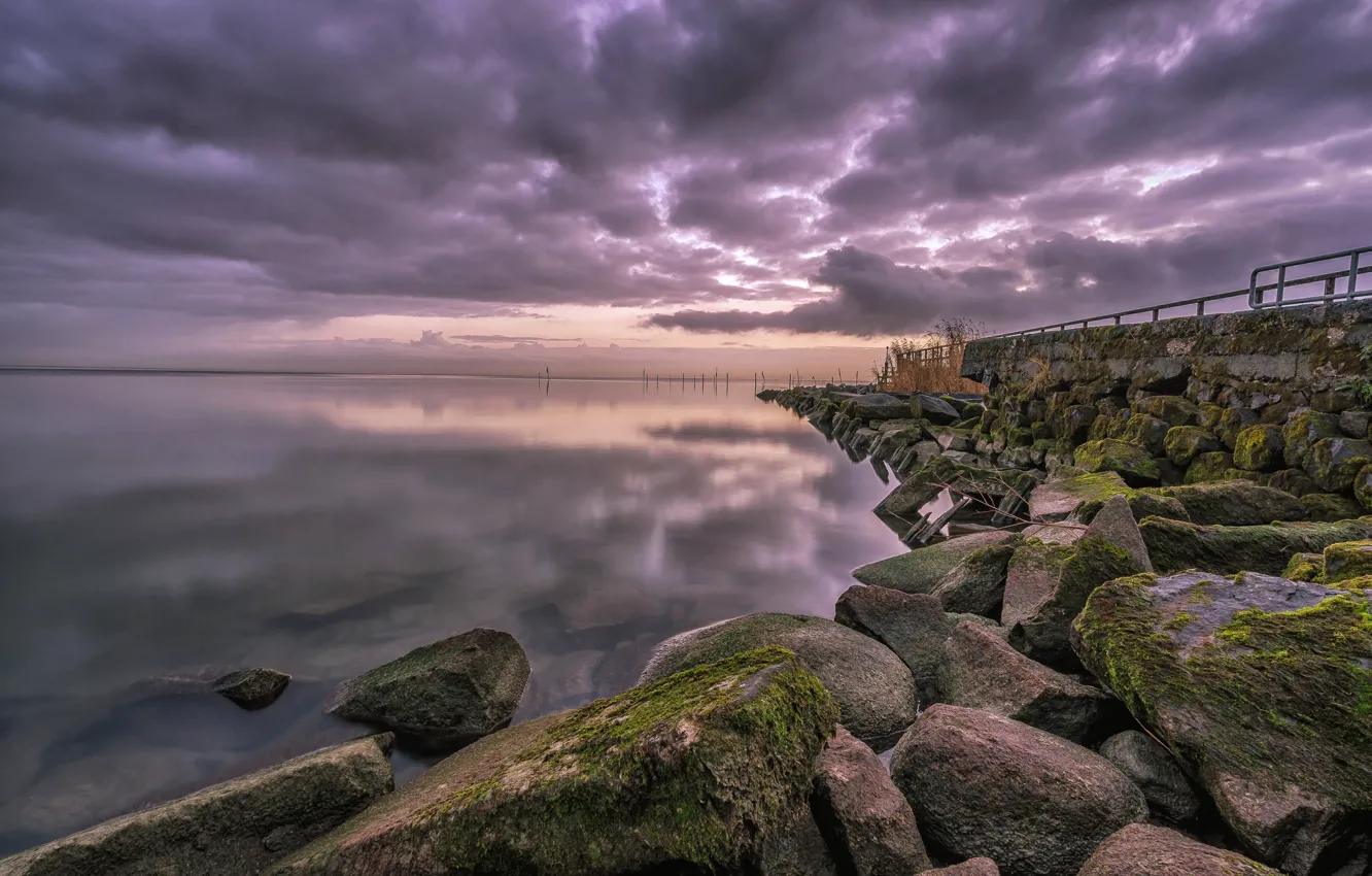 Фото обои море, камни, причал, залив, Нидерланды, Северная Голландия, Эдам