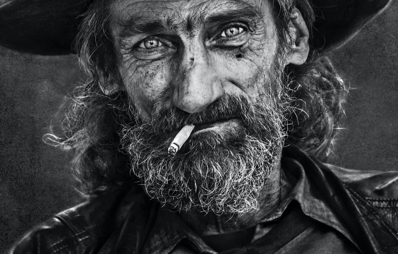 Фото обои Men, Man, Portrait, Beard, Cigarette, Cap, Black & White, Ales Dusa