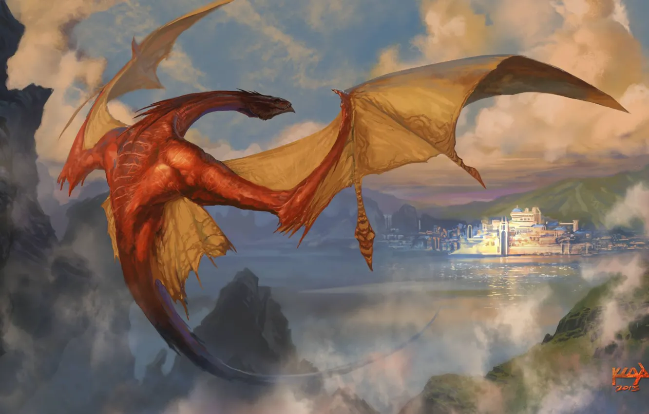 Фото обои облака, горы, дракон, арт, Smaug, Хоббит: Пустошь Смауга, The Hobbit: The Desolation of Smaug, Erebor