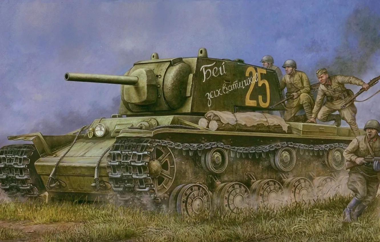 Фото обои война, арт, танк, пехота, советская, контроатака