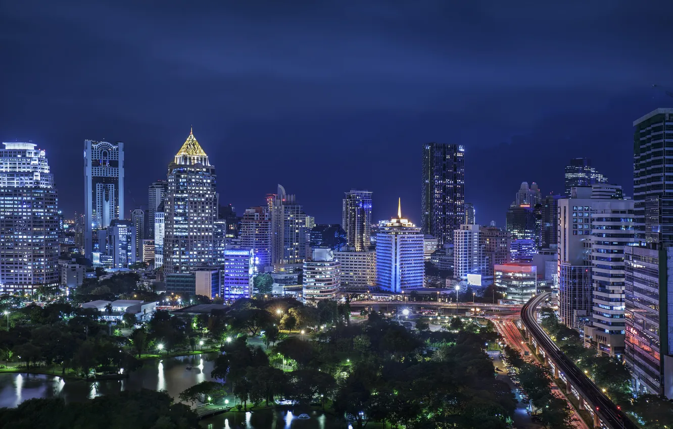 Фото обои ночь, здания, Город, сад, Бангкок, garden, Bangkok
