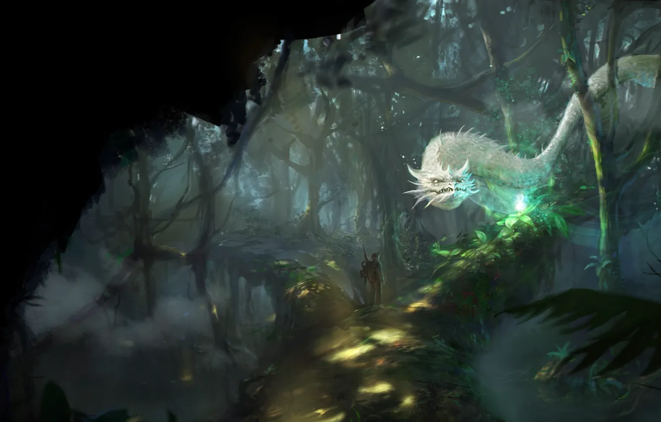 Фото обои лес, деревья, природа, фантастика, человек, арт, белый дракон