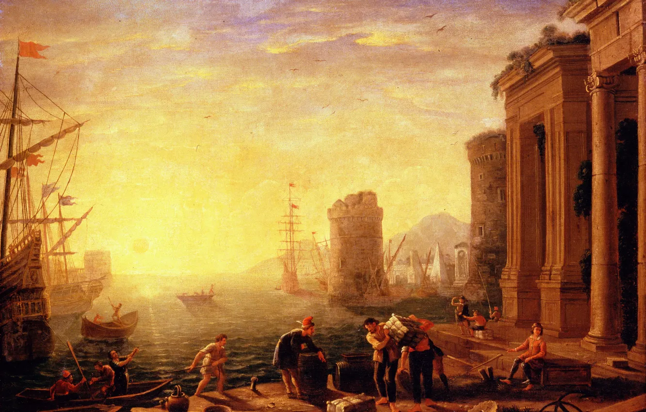 Фото обои картина, городской пейзаж, Claude Lorrain, Клод Лоррен, Утро в Гавани, Клод Желле