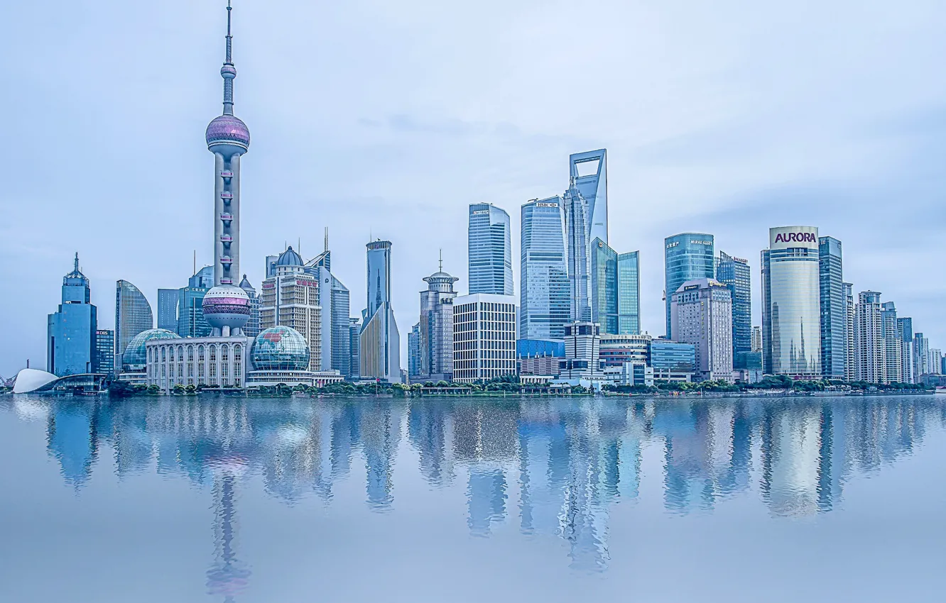 Фото обои вода, отражение, река, China, здания, Китай, Shanghai, Шанхай